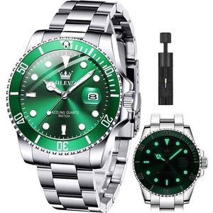 Olevs green and silver luxury watch